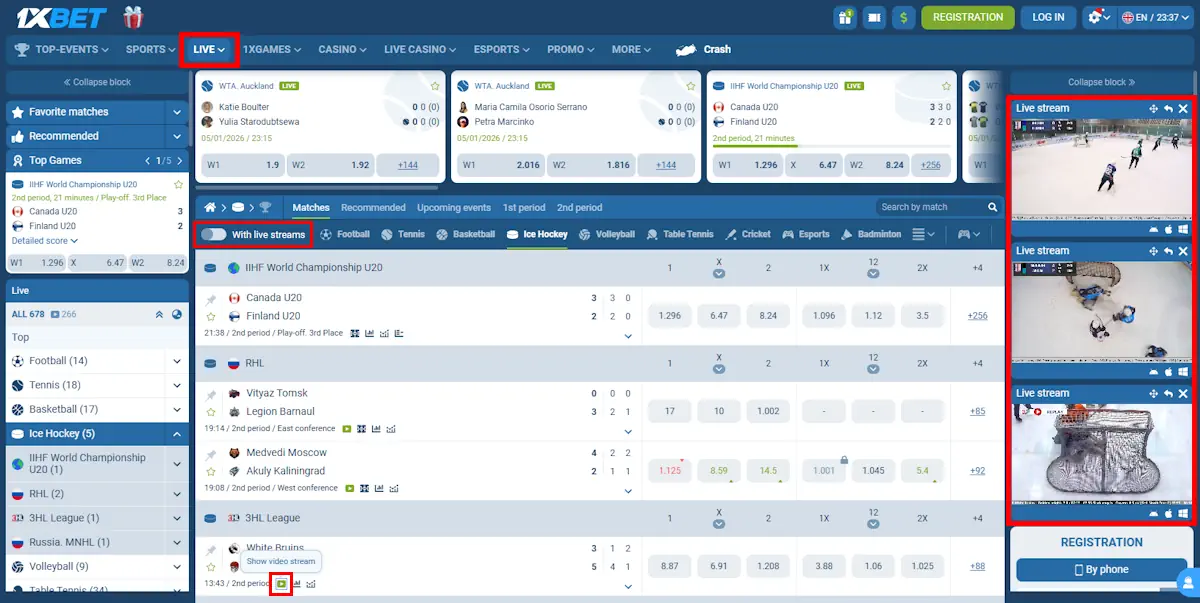 1xBet Hockey Live Betting and Streaming Screenshot